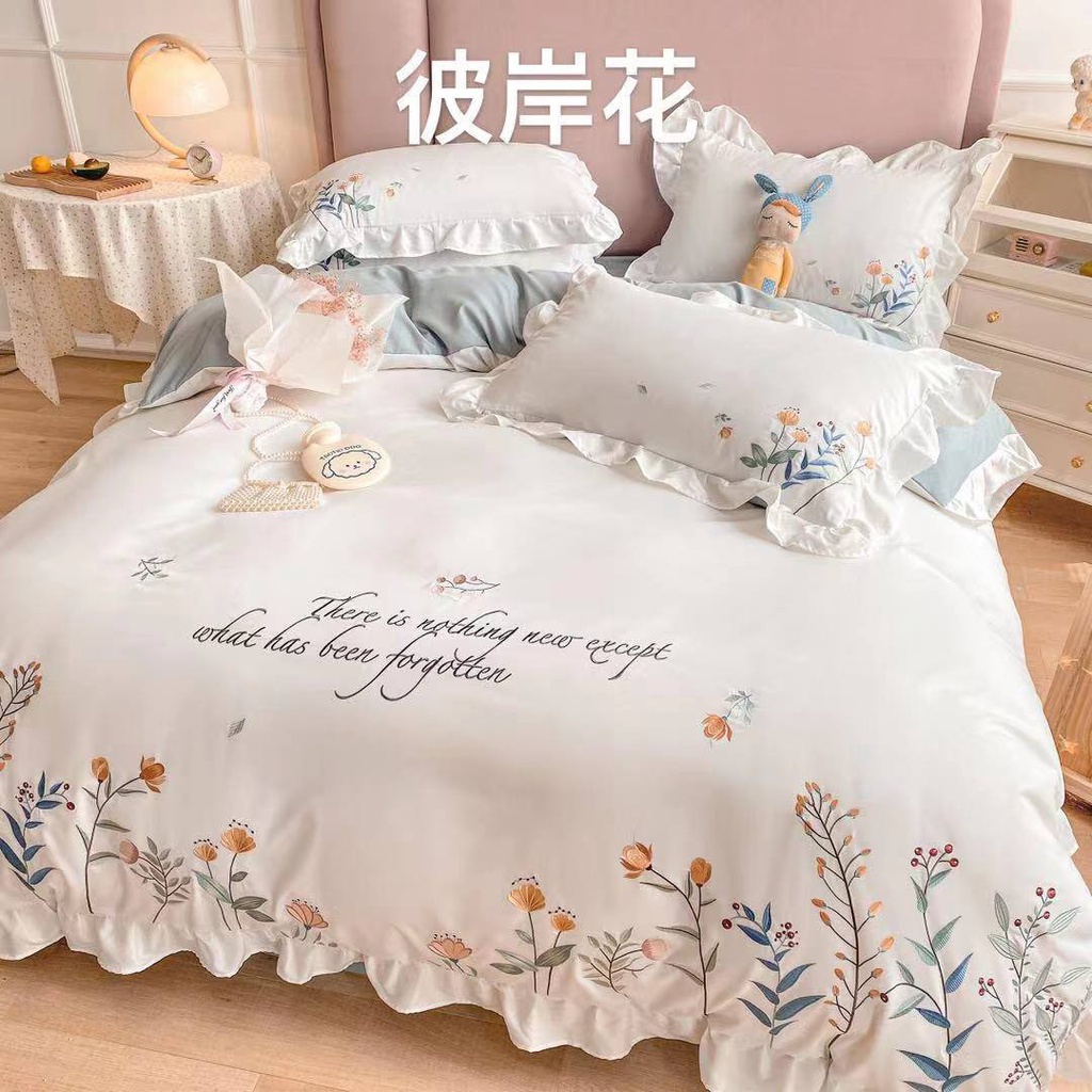 Bộ chăn ga gối cotton đũi riềm bèo công chúa dễ thương, trọn bộ 4 món chăn ga đũi nhập khẩu cao cấp miễn phí bo chun