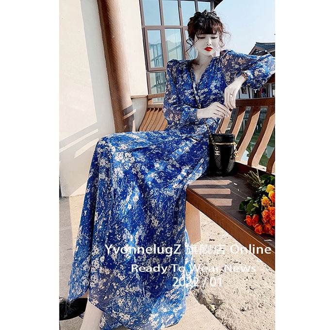 Đầm Voan Hoa Dáng Dài Cổ Chữ v Xẻ Tà Thời Trang Thanh Lịch Cho Nữ