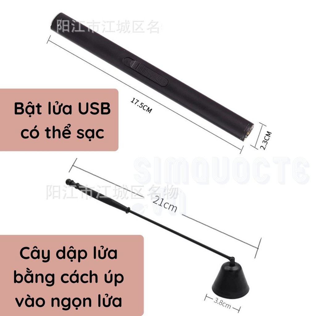 [BÁN LẺ] Phụ kiện chăm sóc nến thơm 5 món sang trọng: Khều bấc, nút bấc, khay, kéo cắt bấc nến và dụng cụ đốt sạc USB