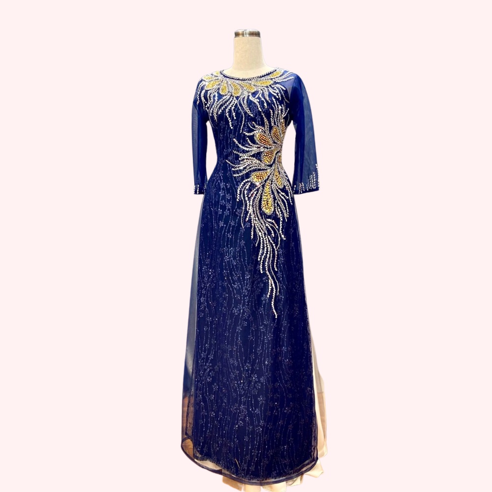 Áo Dài Bà Sui Cao Cấp Kim Sa 6 tà đính kết pha lê xịn và hạt cườm chiếc áo sáng và sang trọng cho bà sui