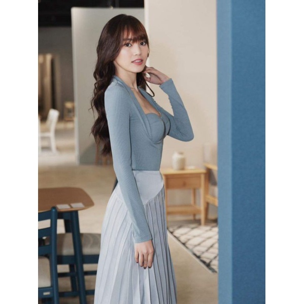 Áo thun ZARA xuất xịn cotton gân body tay dài cúp ngực có mút xanh, đen