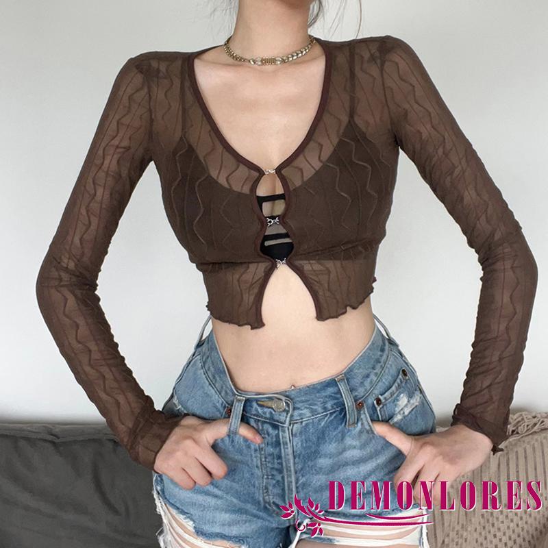 Áo Thun Crop Top Tay Dài Màu Trơn Khóa Kim Loại Xuyên Thấu Đơn Giản Dành Cho Nữ