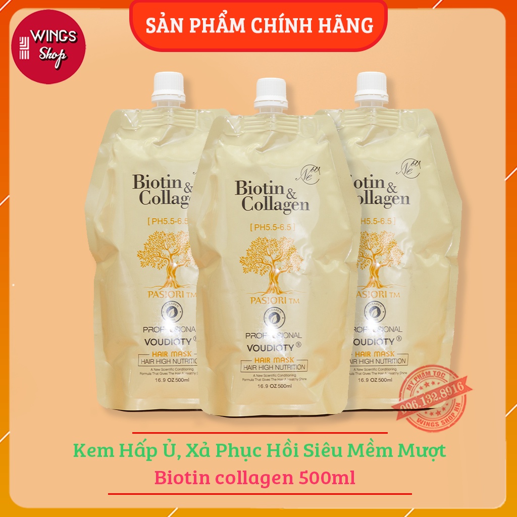 Kem Hấp Xả Ủ Tóc Biotin Collagen Phục Hồi Tái Sinh Tóc Giúp Tóc Siêu Mềm Mượt 500Ml | Wings Shop
