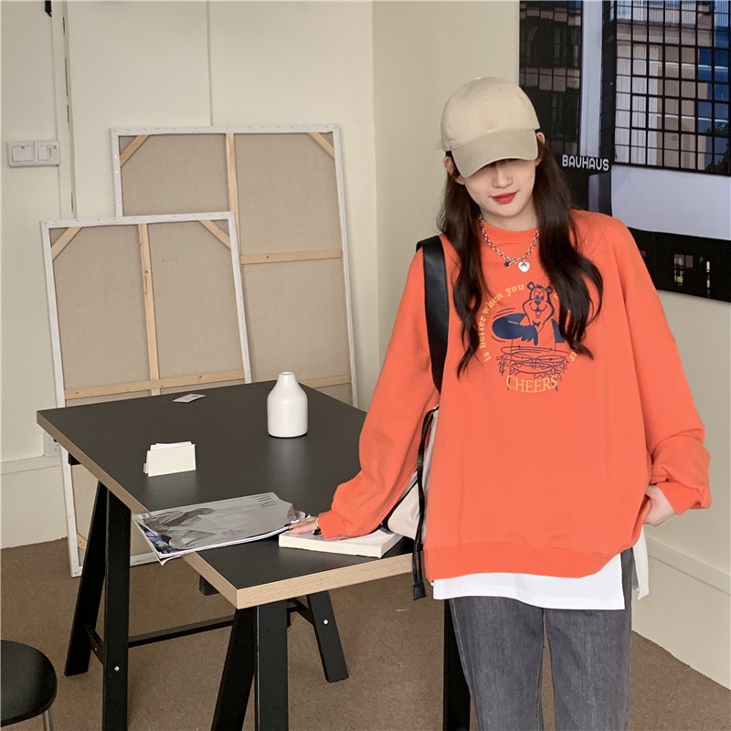 Áo nỉ dài tay dáng rộng in hình thời trang hàn quốc dễ phối đồ