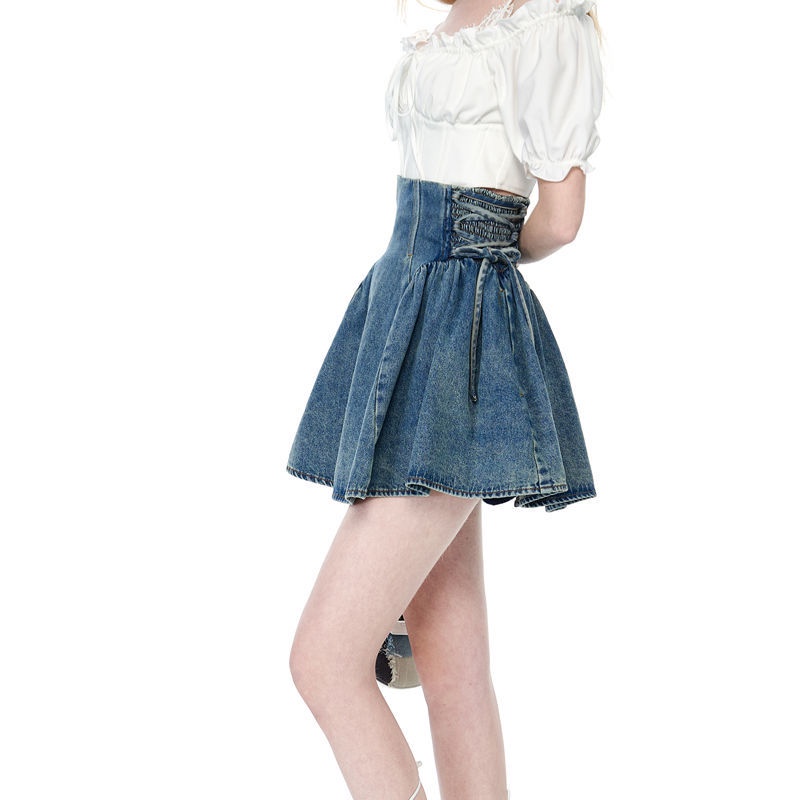 Jiashucheng Hàng Có Sẵn Chân Váy Denim Xếp Ly Lưng Cao Thời Trang Mùa Hè Mát Mẻ Buộc Dây Có Thể Điều Chỉnh Phong Cách Niche