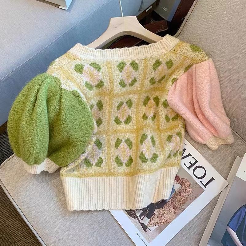 Áo Dệt Kim Tay Phồng Cổ Chữ v Họa Tiết Hoa Màu Sắc Tương Phản