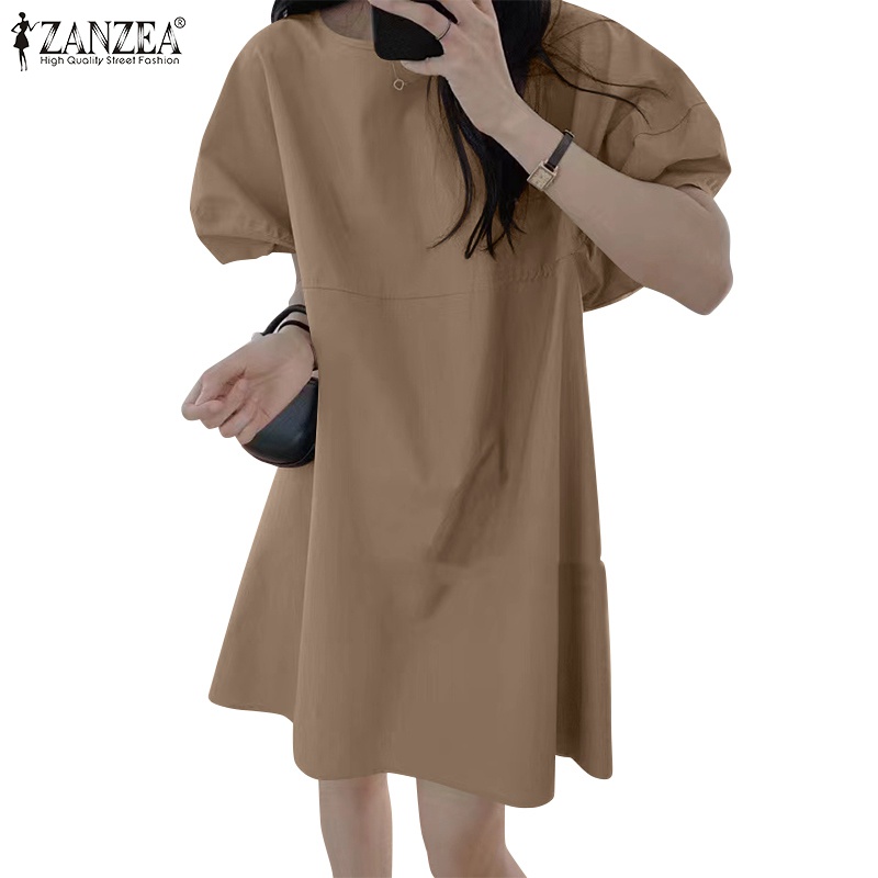 Đầm ZANZEA tay phồng ngắn màu trơn dáng rộng thời trang cho nữ