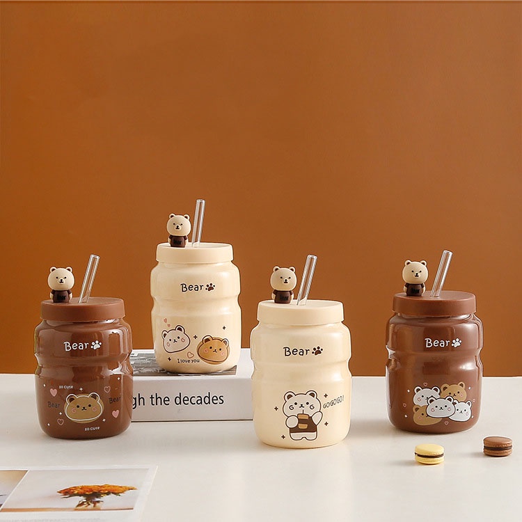 Bình nước hình gấu Bear kèm ống hút nhiều mẫu mã dễ thương Cốc Cốc dùng để uống nước, pha trà, cà phê, quà tặng bạn bè