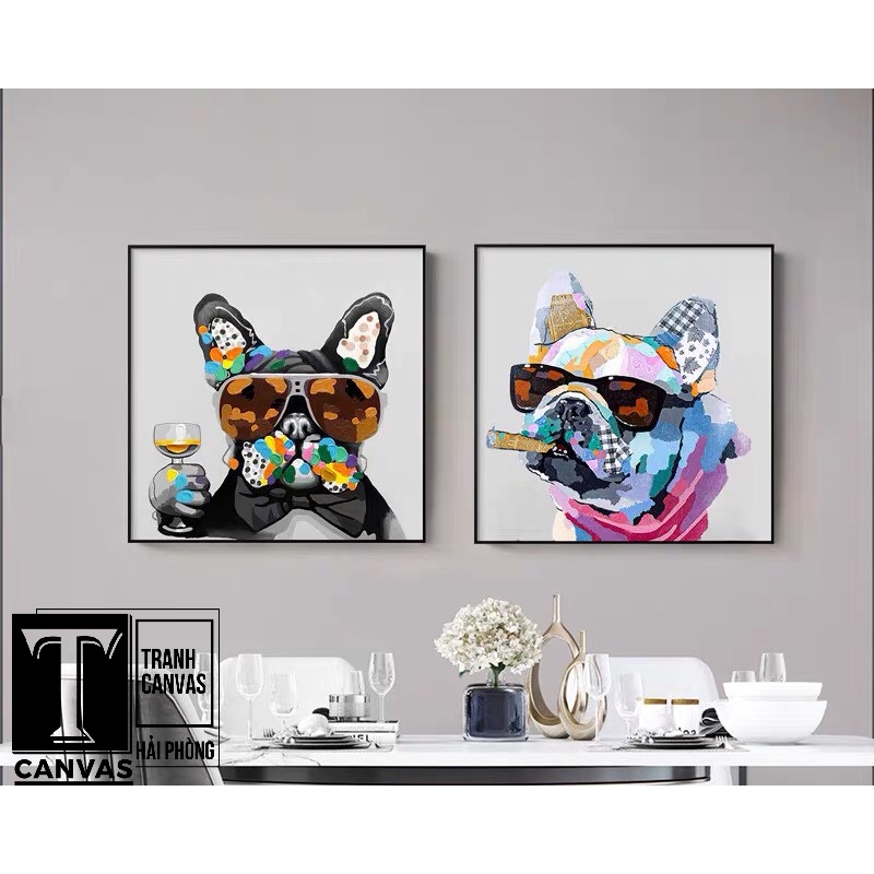 Tranh canvas treo tường hiện đại nghệ thuật, chân dung Chó, Mèo Swag Size to CM29-30