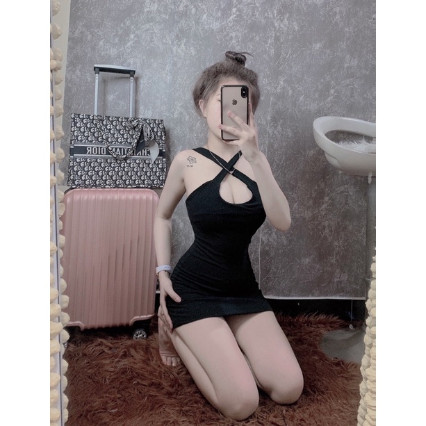 Đầm Body Yếm Gân Chéo Tà 2Tone Sen-Đen Fom Đỉnh Sexy