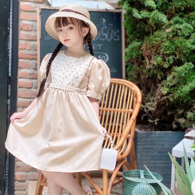 Váy Trẻ Em lửng tay thu đông Vintage Chất liệu Linen cực Sang chảnh váy hoa nhí cho bé 8-32kg
