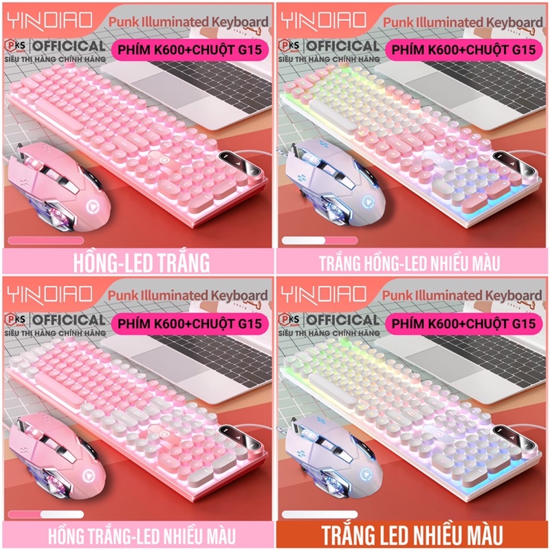 COMBO BÀN PHÍM CHUỘT MÁY TÍNH GAMING GIẢ CƠ NÚT TRÒN YINOIAO K600-G15 LED XUYÊN CHỮ NHIỀU MÀU XANH TÍM HỒNG TRẮNG