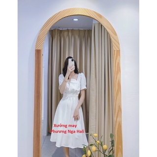 Váy trắng cộc tay cổ vuông ly eo hàng thiết kế. Đầm nữ trắng xòe dự tiệc sang chảnh