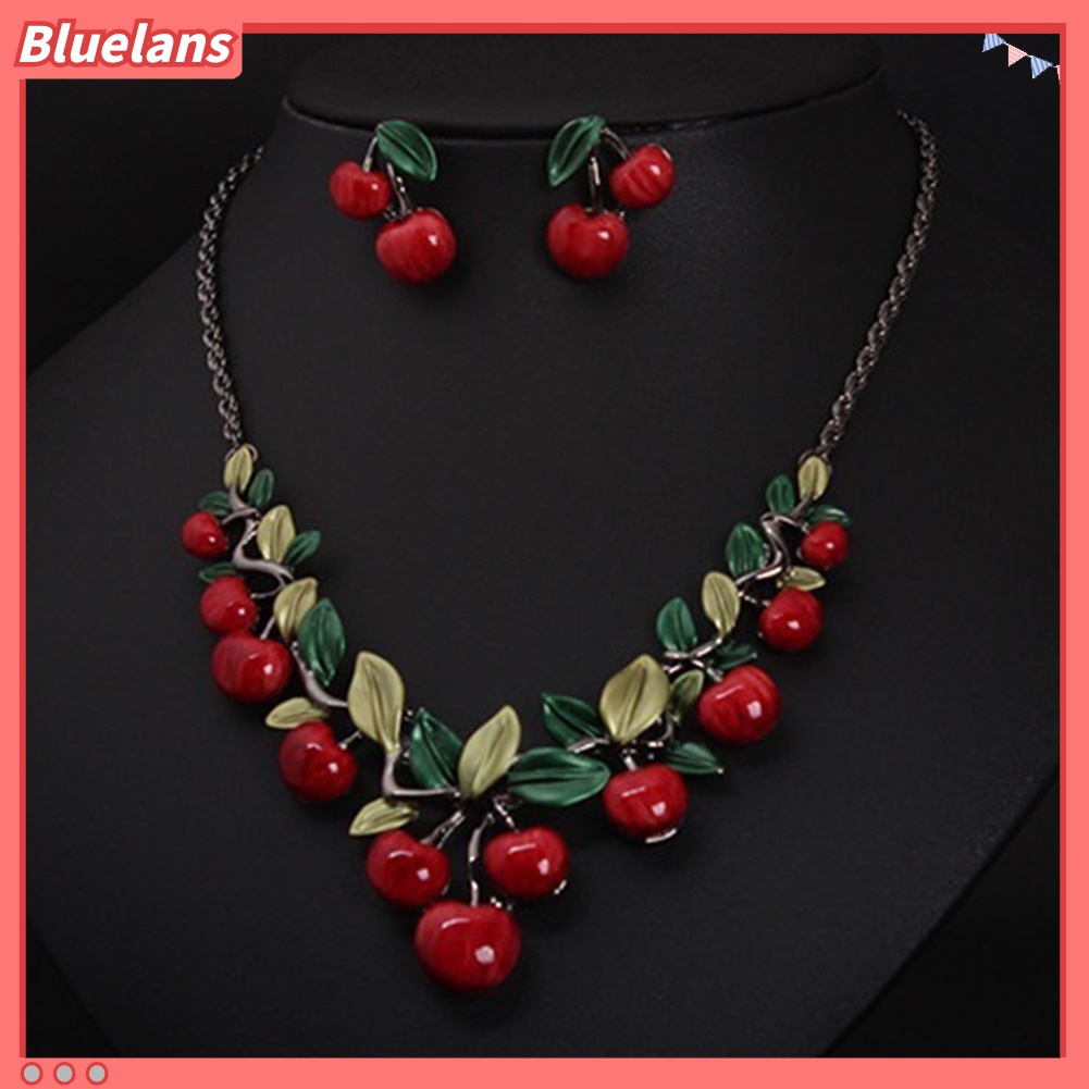 Bluelans♡ 1 Set Vòng cổ Và Bông Tai Hình Trái Cherry Đỏ Phong Cách Cổ Điển