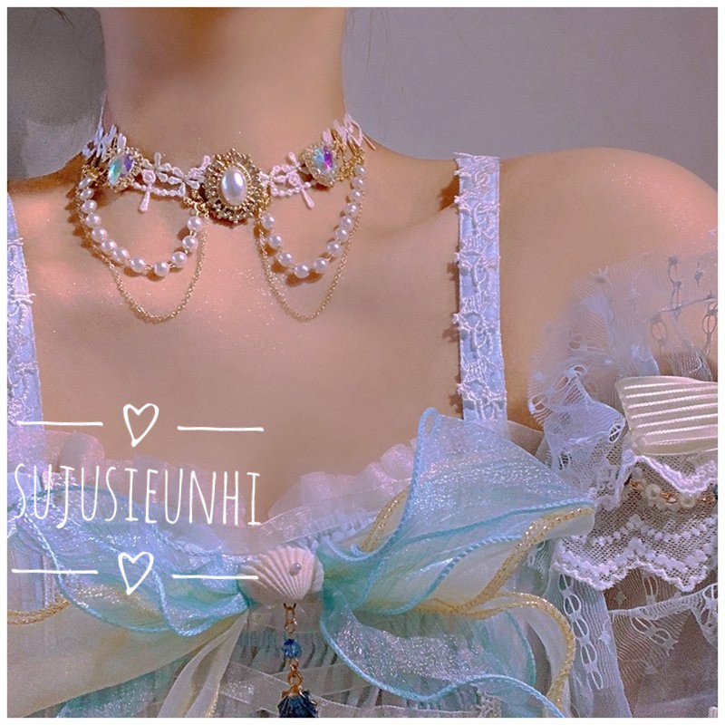 CÓ VIDEO-(Loại đẹp) Vòng cổ choker ren họa tiết đính ngọc, trái tim Lolita