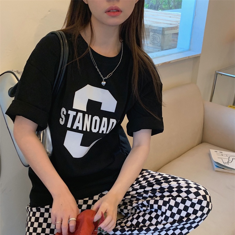 SUXI Áo Thun Tay Ngắn Dáng Rộng In Chữ Đơn Giản Thời Trang Hàn Quốc Cho Nữ