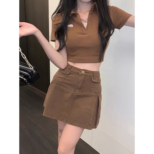 Có sẵn | Set đồ hai món gồm áo croptop polo cùng chân váy dáng xoè màu nâu hot trend (có tách set)