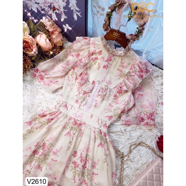 V2610 váy voan hoa, màu be