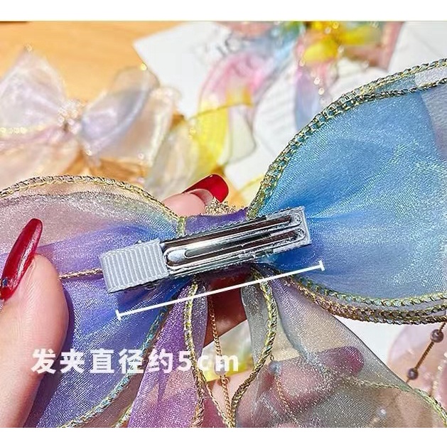 Kẹp Nơ Trẻ Em|Phụ Kiện Tóc Lưới Đính Ngọc Trai Nhân Tạo Màu Gradient Dành Cho Bé Gái