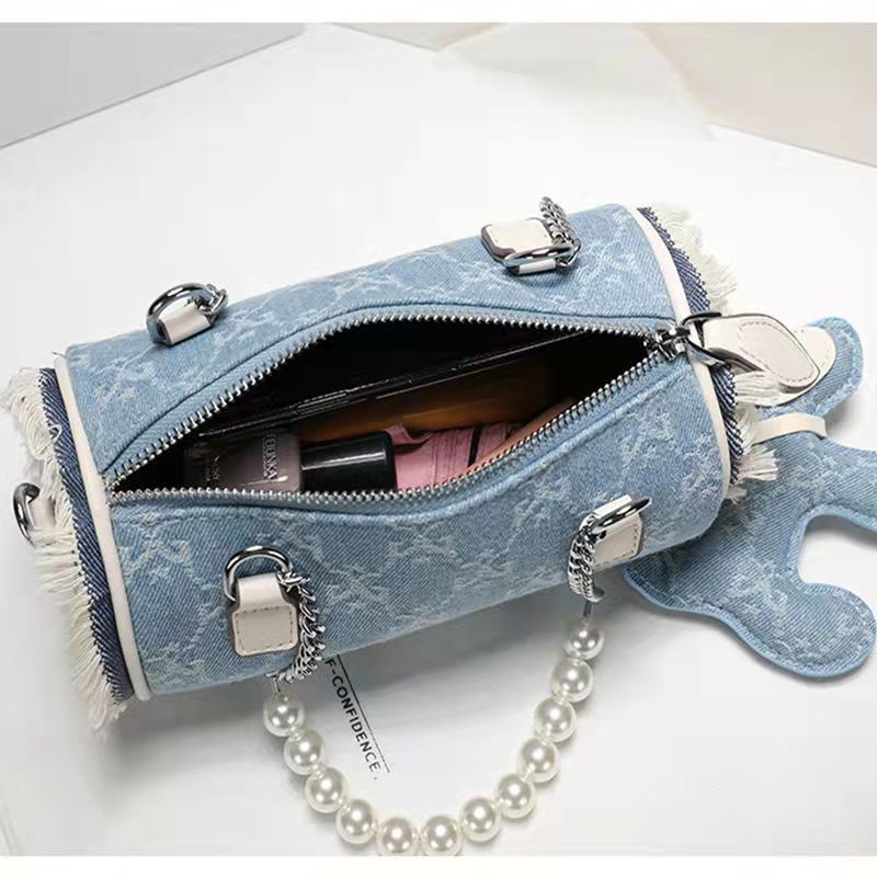 Túi Đeo Chéo Hình Trụ Chất Liệu Canvas Phối Dây Xích Thời Trang Mùa Hè Mới Cho Nữ