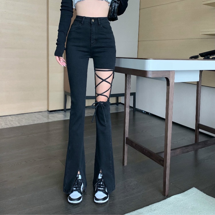 Cocory vn Quần jeans lưng cao ống loe xẻ tà quyến rũ dễ phối đồ cho nữ