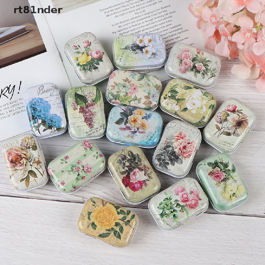 Rt Hộp Thiếc Nhỏ Hình Chữ Nhật Đựng Trang Sức / Đồng Xu / Trang Sức Họa Tiết Hoa