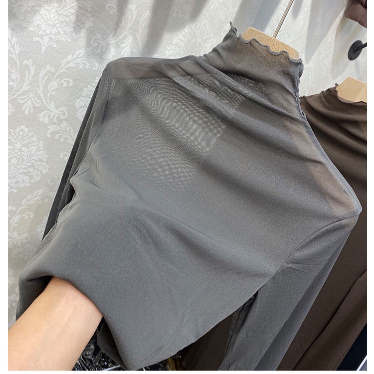 2023 new niche design sense of high neck inside the mesh top sunscreen foreign air age reduction lace undershirt women's T-shirt