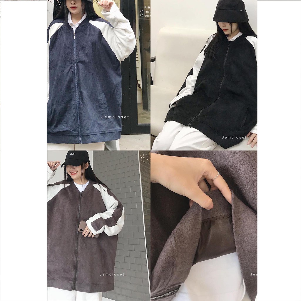 Áo Khoác Jacket Nữ Chất Nhung Dày Dặn Áo khoác Phối Tay Viền Trắng Form Rộng Phong Cách Cá Tính TION 1745