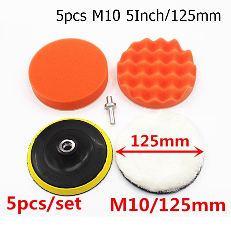 Bộ 5 món gồm miếng xốp 125mm + đầu nối M10 cho máy đánh bóng xe hơi