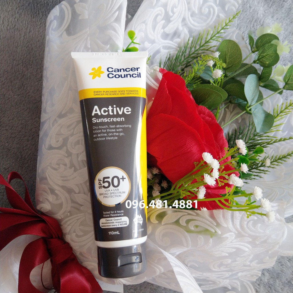 Kem Chống Nắng Cancer Council Active Sunscreen 110ml SPF50+, Cho Da Dầu và Người Chơi Thể Thao, NHÃN ĐEN