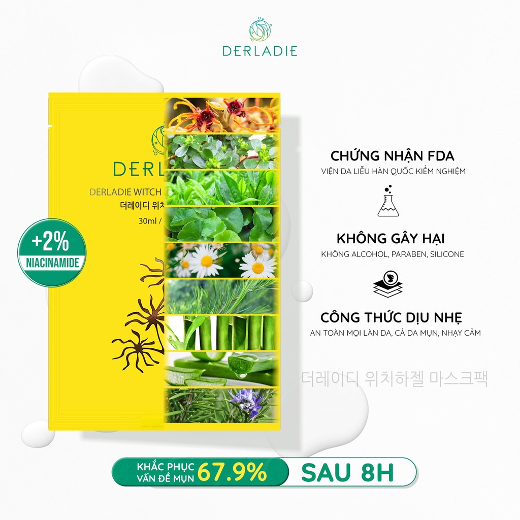 Hộp 10 Mặt Nạ Derladie Witch Hazel Mask Pack Giảm Mụn, Dưỡng Sáng Da 30ml x 10