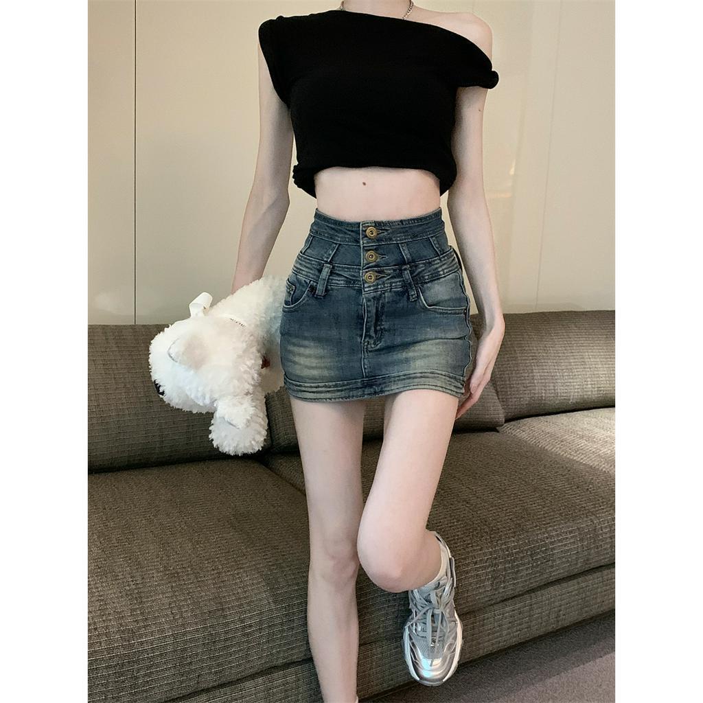qkoole  Chân váy jean Lưng Cao Phong Cách Retro Cho Nữ