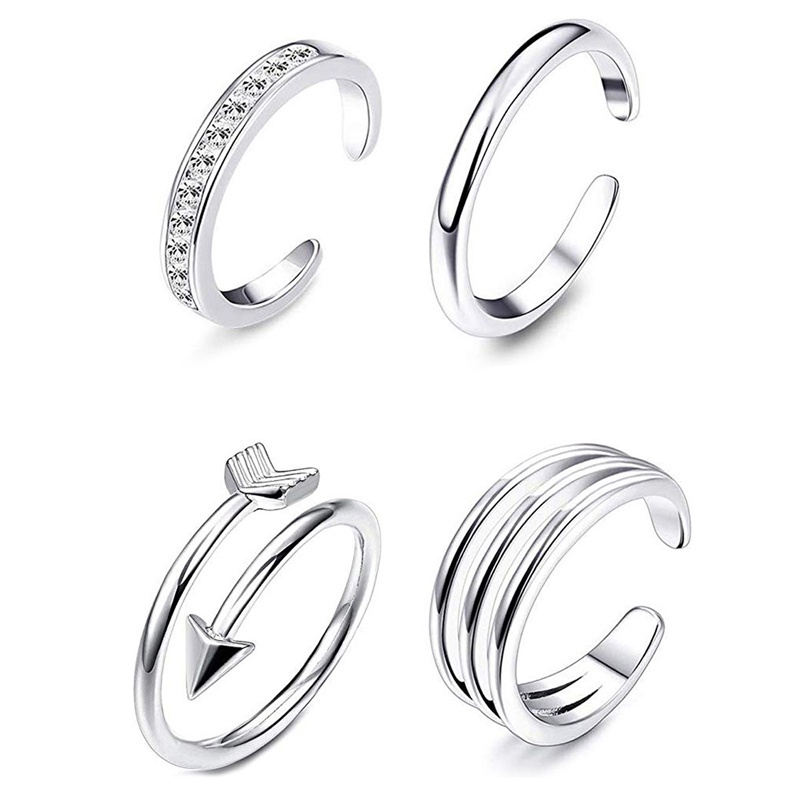 Set 4 nhẫn nữ đeo ngón chân có thể điều chỉnh bằng kim loại đính đá đơn giản đa dạng
