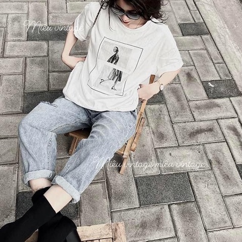 Áo phông miêu vintage in đơn giản dáng rộng tay lỡ màu trắng quốc dân