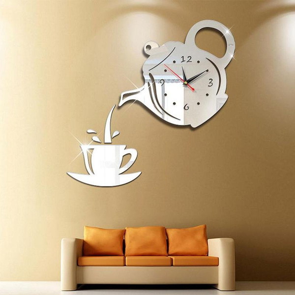 Self-adhesive Acrylic Coffee Cup Teapot Wall Clock/ 3D Wall Stickers Clock Creative Decorative/ Kitchen  Living Room Dining Room Home Decor Clock