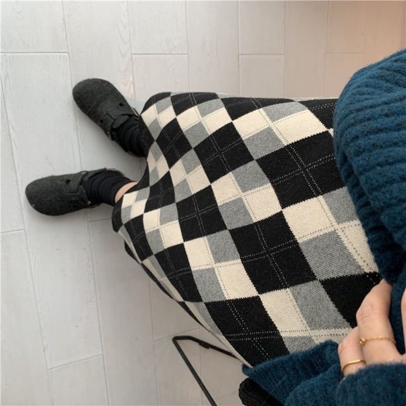 Chân váy len họa tiết sọc caro thời trang thu đông dành cho nữ