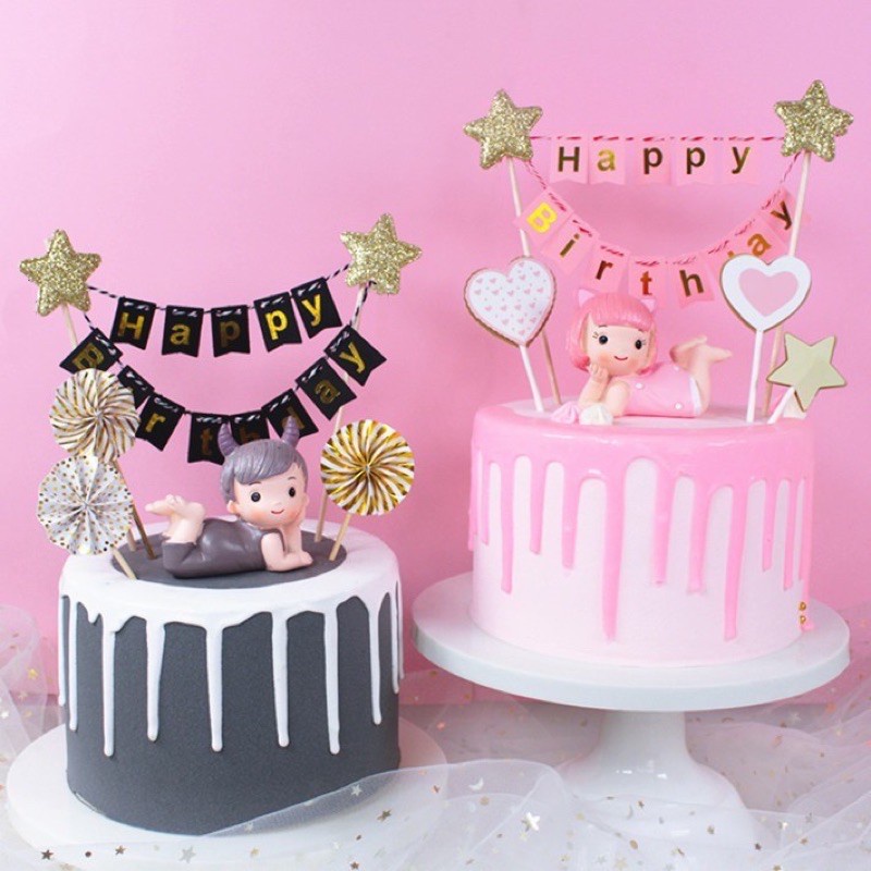 Cờ Treo Trang Trí Bánh Kem Chữ Happy Birthday Màu Vàng Kim Lấp Lánh