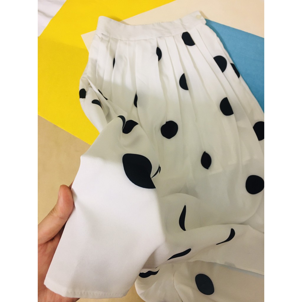 Chân váy chấm bi,  Chất lụa hàn, mềm mát, váy 2 lớp, đai bán chun