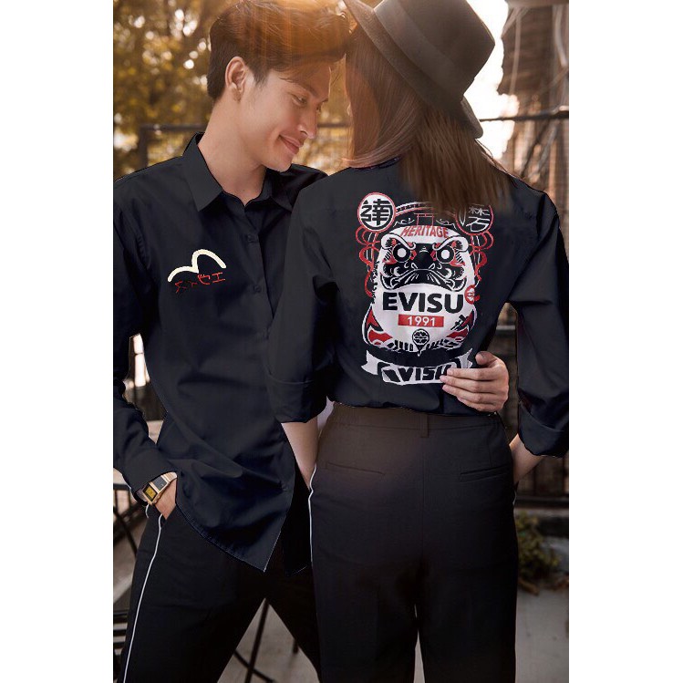 ÁO SƠ MI NAM NỮ IN CHỮ EVISU 1991 HAI MẶT TRẮNG ĐEN