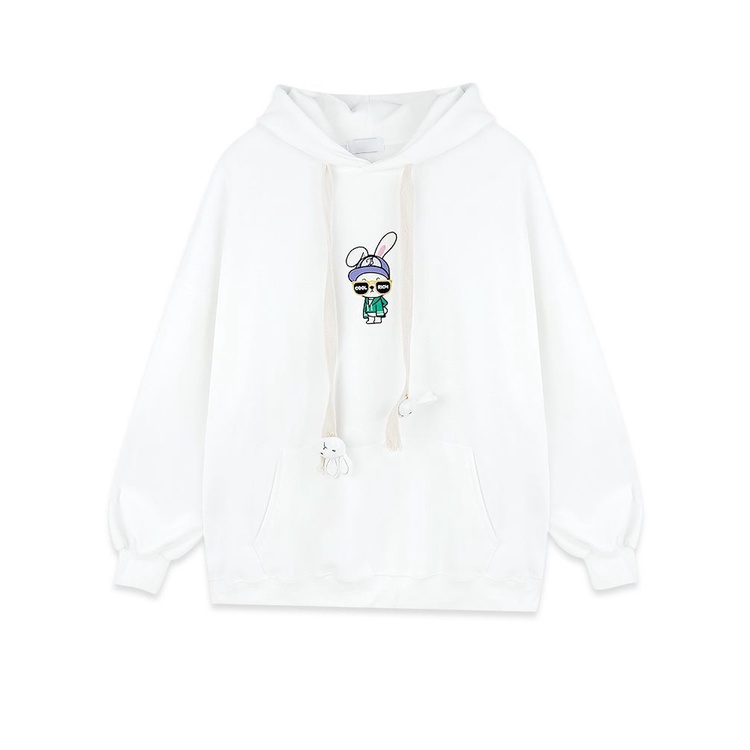 2022 autumn and winter sweet girl cute rabbit printing three-dimensional fun thin white hooded hoodie girl ins fashion