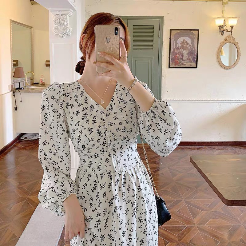 Váy babydoll dáng dài đầm hoa nhí trắng đen hàn quốc dài tay vintage tiểu thư đẹp kozoda D9