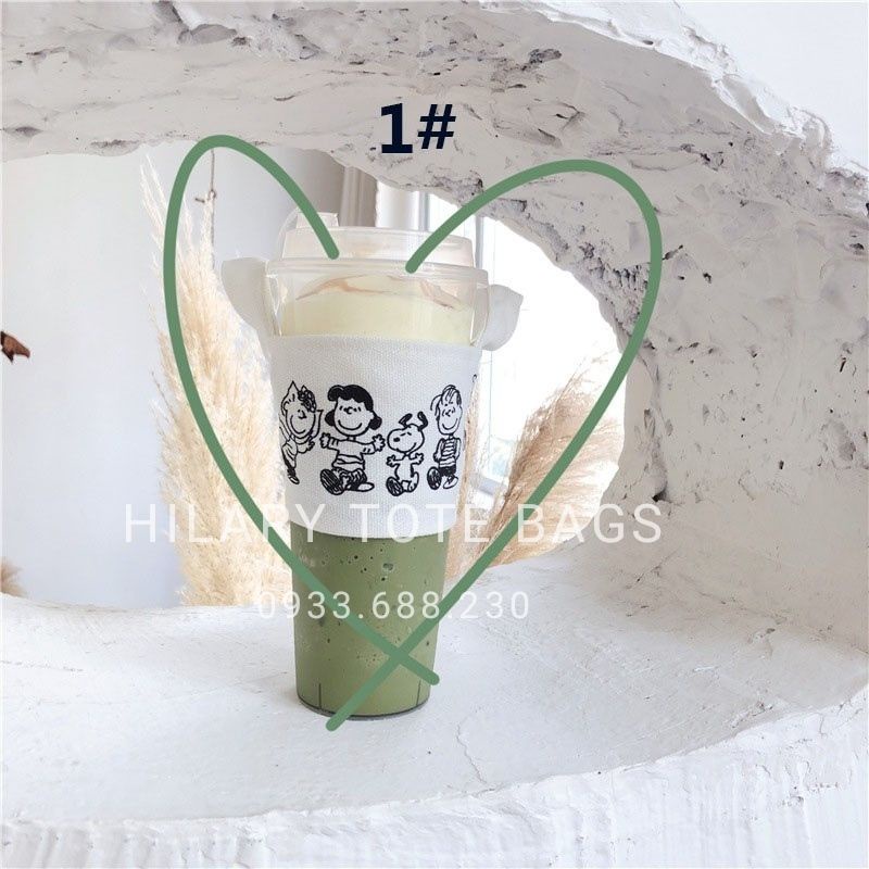 Túi Quai Xách Đựng Ly In Hình Hoạ Tiết Dây Đai Mỏng