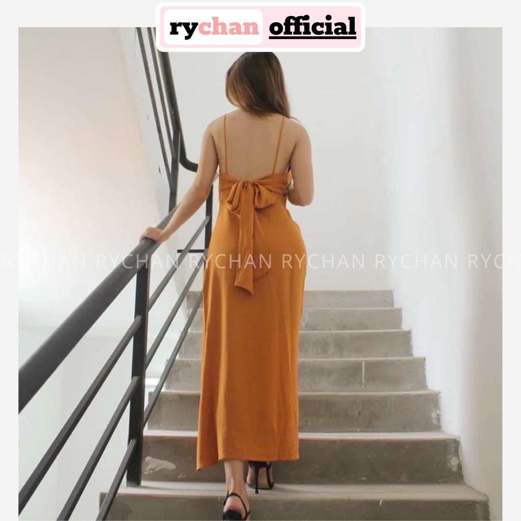 Đầm Maxi Đi Biển Hai Dây Xẻ Tà Nơ Sau Quyến Rũ, Váy Nữ Dạo Biển Hai Dây Tôn Dáng 2 Màu Vàng Trắng - DX9759