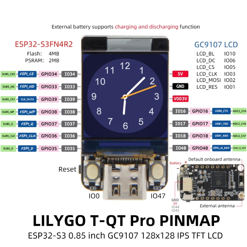 Bảng Mạch WiFi Màn Hình LCD Không Dây T-QT ESP32-S3 GC9107 0.85 inch