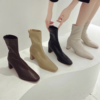Boots nữ cổ ngắn mũi nhọn da mềm ôm chân đế cao 6cm