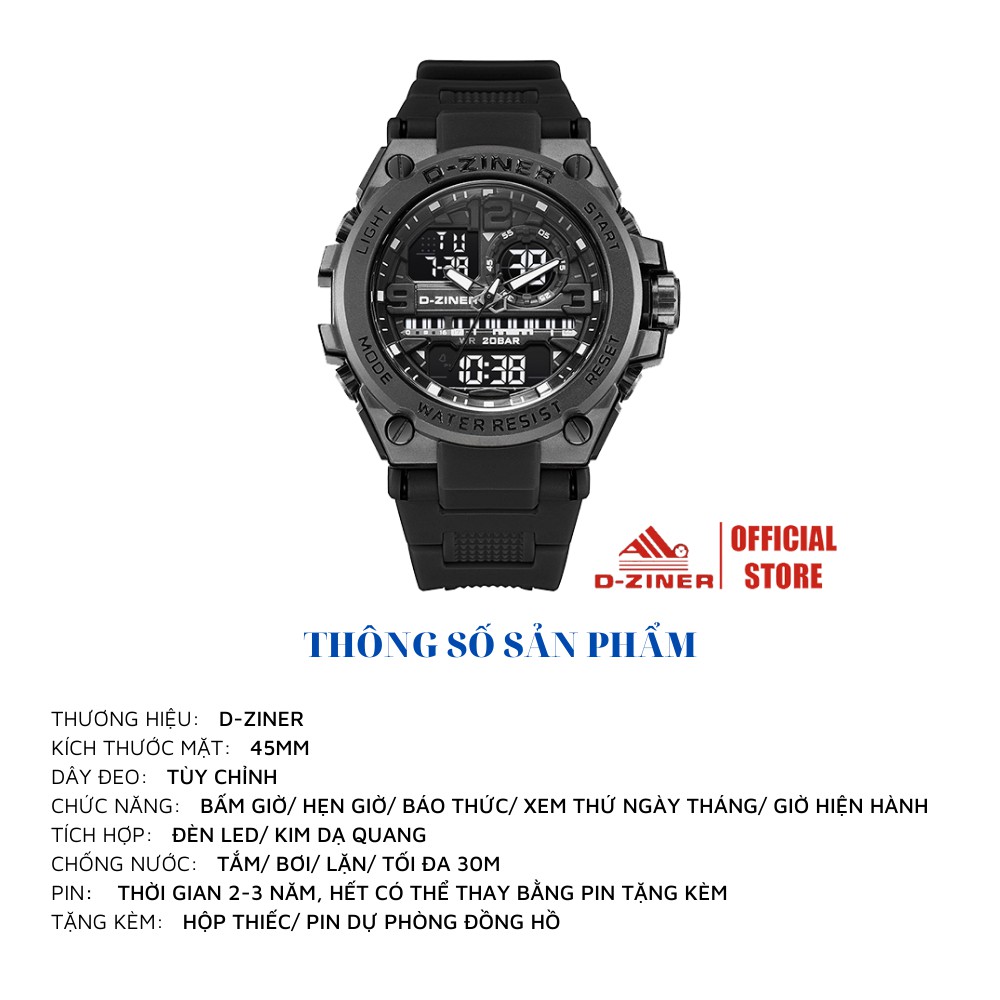 Đồng Hồ Đeo Tay Nam Điện Tử Thể Thao Sport Watch Chính Hãng D-ZINER 1901 Chống Nước 30M Tuyệt Đối Full Box