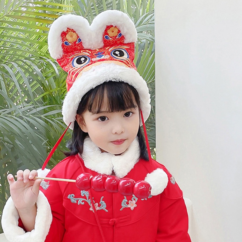 Mũ Giữ Ấm Mùa Đông Thêu Họa Tiết Hoạt Hình Phong Cách Trung Hoa Cho Bé