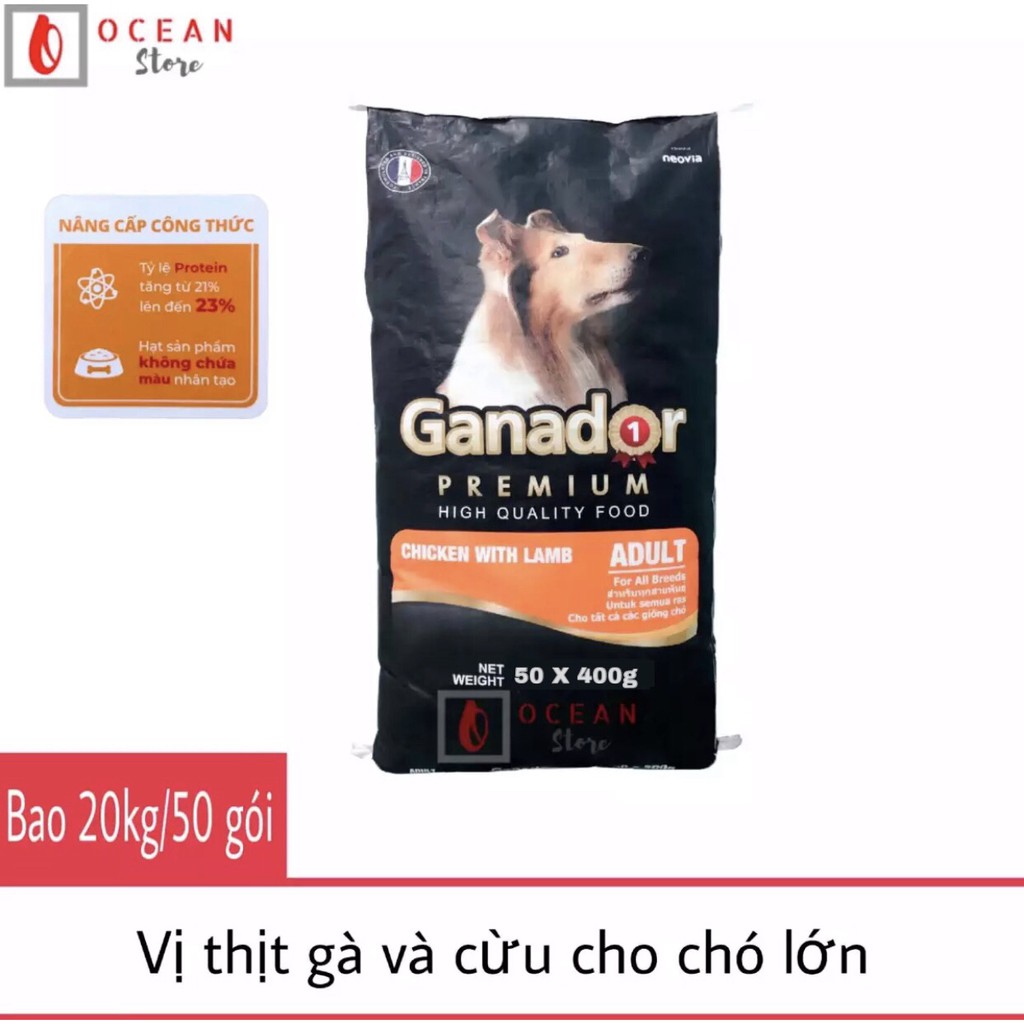 [BAO BÌ MỚI] Thức ăn vị thịt Cừu và Gạo cho chó lớn - Thức ăn Ganador Adult 400g (1 bao 20kg/50 gói 400g)