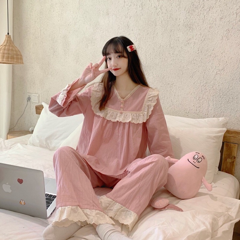 ĐỒ BỘ NỮ MẶC NHÀ tay dài cổ phối bèo viền ren tiểu thư Quảng Châu