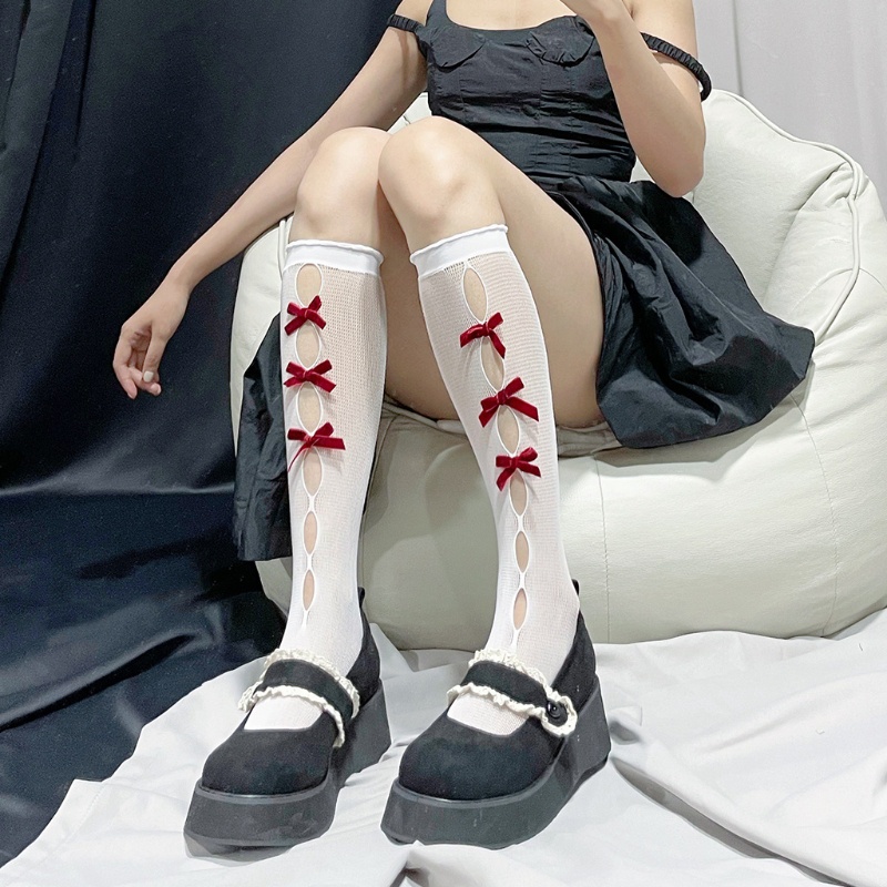 Đôi vớ dài bằng vải nhung đính nơ phong cách lolita dễ thương dành cho nữ